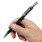 Black automatic mechanical pencil held in hand with metal push-out lead tip