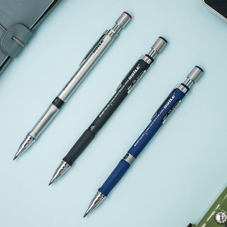 Three automatic mechanical pencils in silver, black, and blue with push-out tips