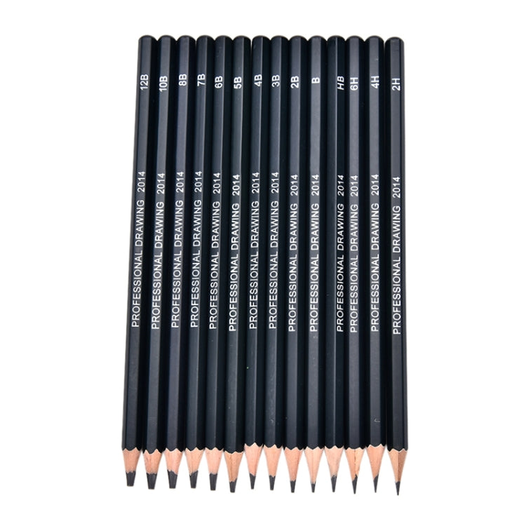 Graphite sketching pencil set with multiple graphite grades, dark barrels, sharpened tips.