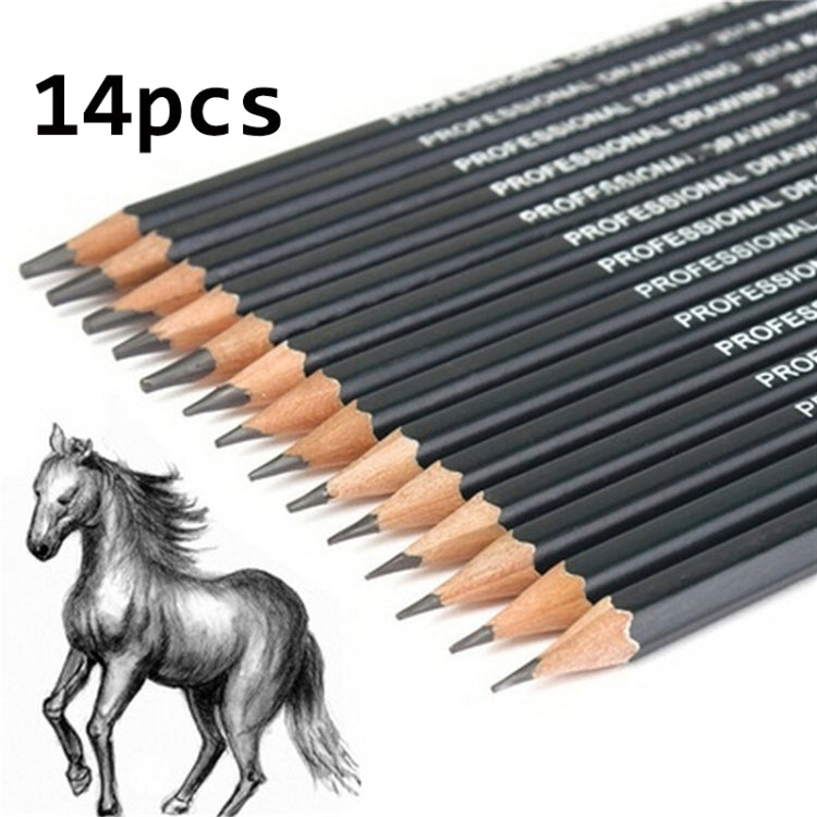 14-piece graphite sketching pencil set, dark pencils with light wooden tips; "14pcs" shown.