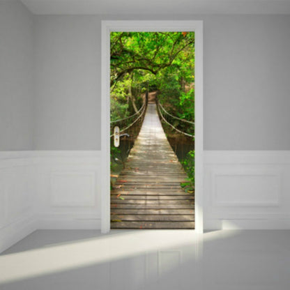 Wood-framed door decoration sticker with a forest path and hanging vines.