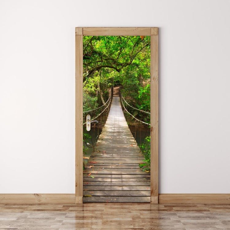 Wood-framed door decoration sticker with a boardwalk path through dense green trees.