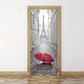 Wood-framed door decoration sticker featuring a black-and-white street and red umbrella.