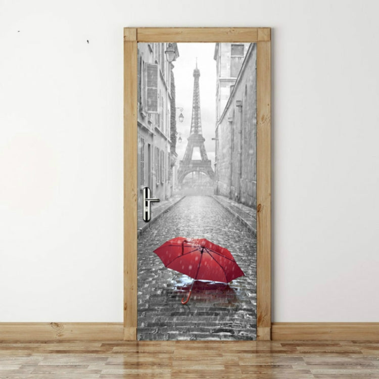 Wood-framed door decoration sticker featuring a black-and-white street and red umbrella.