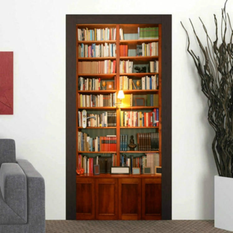 Door decoration sticker featuring a framed bookshelf scene in warm wood tones.