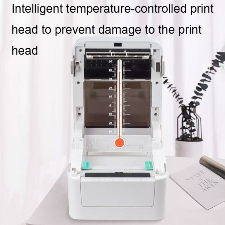 Thermal label printer with open print head and temperature sensor gauge