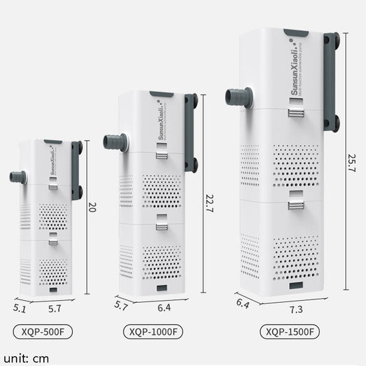 Three sizes of SunsunXiaoli aquarium water pumps in white housings with side ports