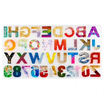 Alphabet silicone keychain mold with colorful letter shapes and numbers cutouts