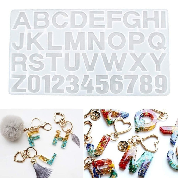 Clear alphabet silicone keychain mold with sample alphabet pieces and keychains