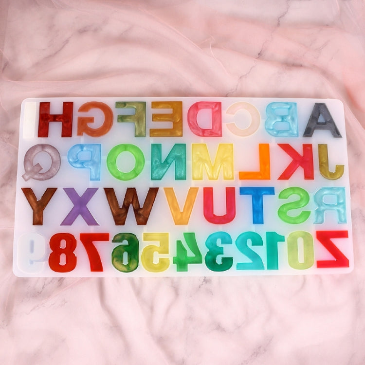 Alphabet silicone keychain mold with colorful uppercase letters and number cutouts