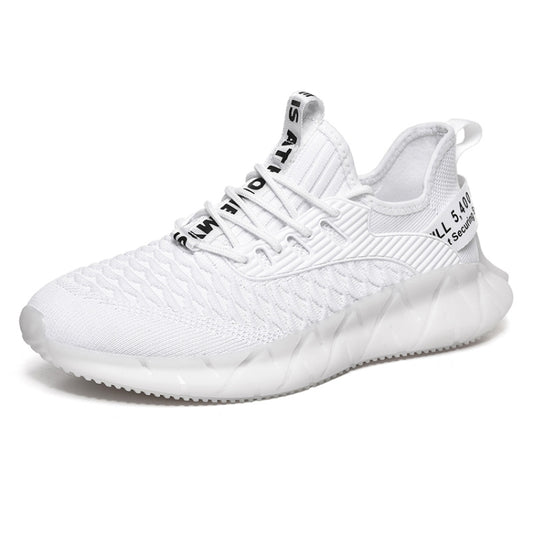 Men's lightweight mesh sneaker, white lace-up knit upper, cushioned sole