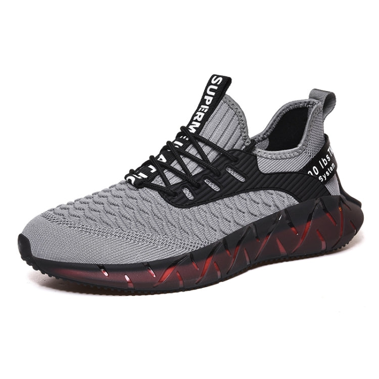 Men's lightweight mesh sneakers, gray knit upper with black laces and red tread sole