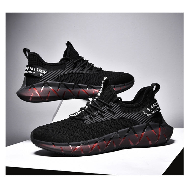 Black lightweight mesh sneakers with lace-up front and red traction sole