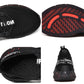 Black mesh sneaker details with red tread grip on the outsole