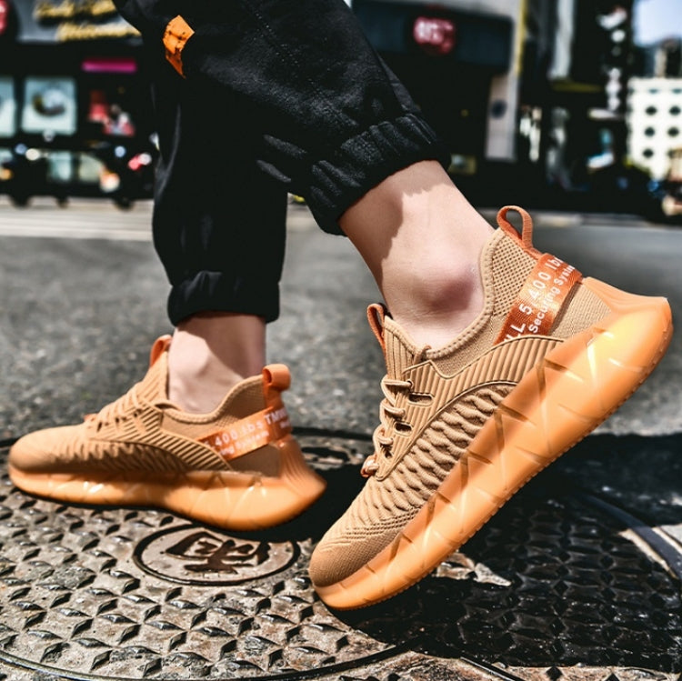 Tan/orange knit mesh sneakers with lace-up closure and red-accented outsole