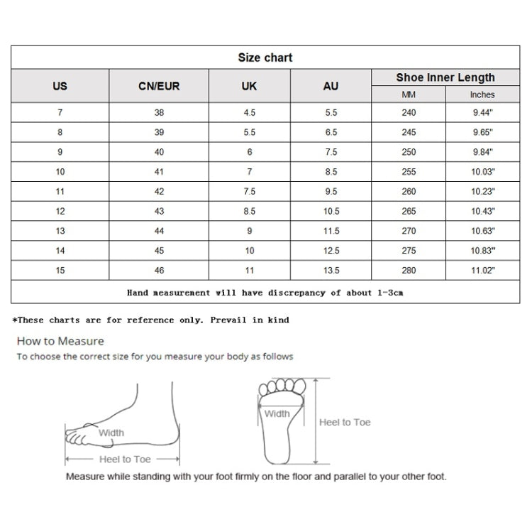 Size chart for men's lightweight mesh sneakers with inner length in inches
