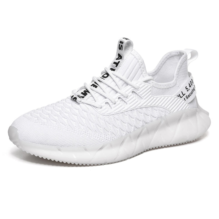 White breathable mesh sneakers with textured knit upper, lace-up design and thick sole