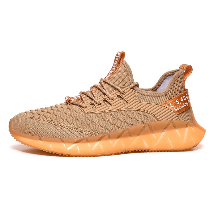 Men's breathable mesh sneakers, beige textured upper with orange cushioned outsole