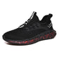 Men's black lace-up mesh sneakers with sporty stripes and cushioned footbed