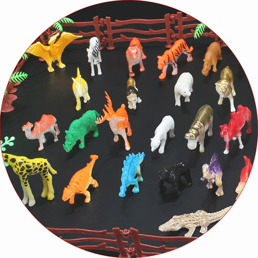 Mini zoo animal figures on dark base, assorted colors, inside a round frame