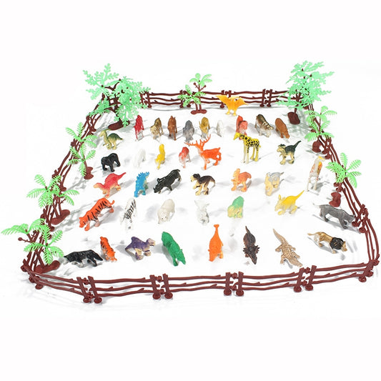 Dinosaur model toy set with brown fence and mixed-color animal figures