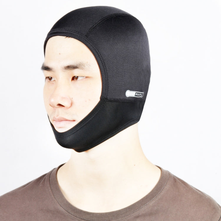 Black helmet liner cap with breathable mesh top and chin panel, worn by model