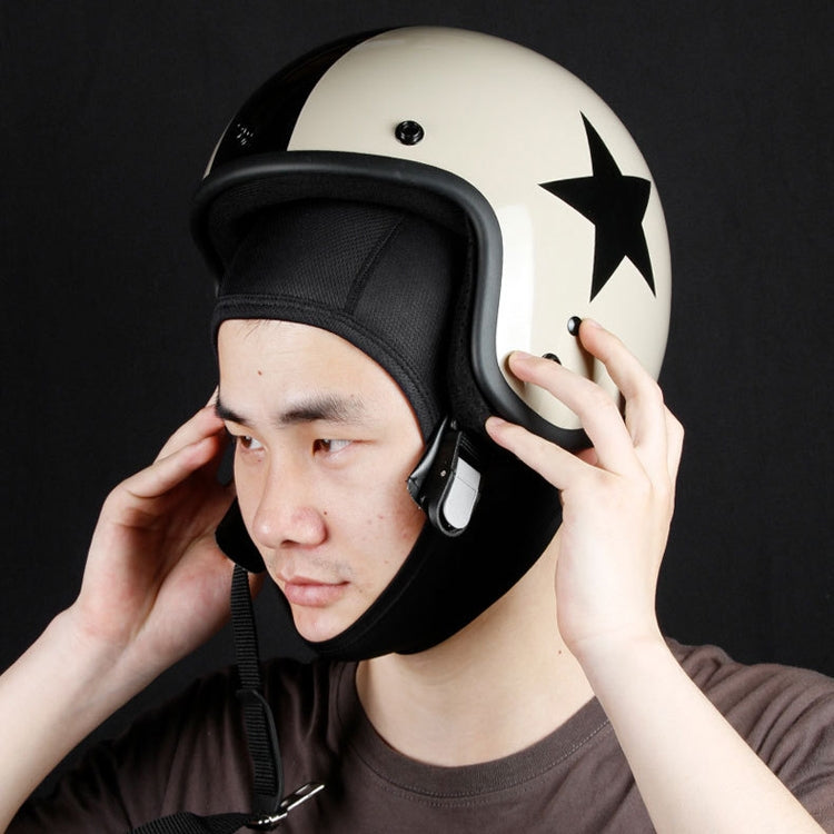 Black interior cap under motorcycle helmet, with COOL MAX label on side