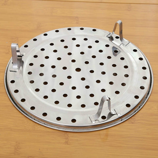 Stainless steel steamer tray with perforations and hinged handle supports