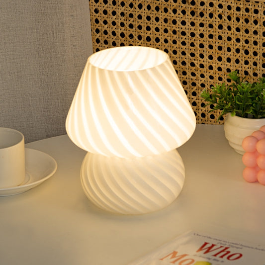 Mushroom glass table lamp with ribbed white shade, warm glow