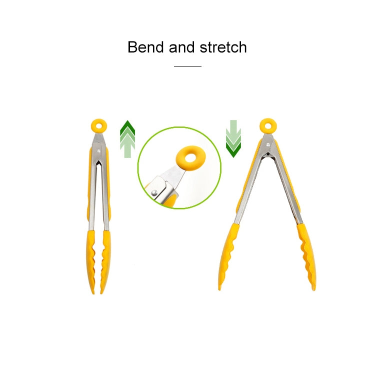 Silicone food clips with stainless-steel jaws, shown in yellow and orange