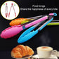 Pink and blue silicone food tongs with stainless-steel gripping jaws