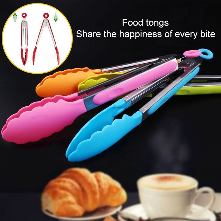 Pink and blue silicone food tongs with stainless-steel gripping jaws