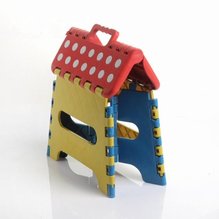 Kids plastic folding stool, yellow and blue with red top panel and molded holes