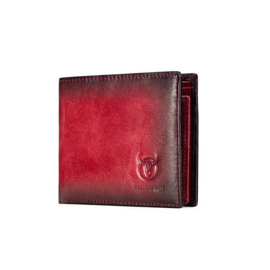 Red leather bi-fold short wallet with embossed logo on front