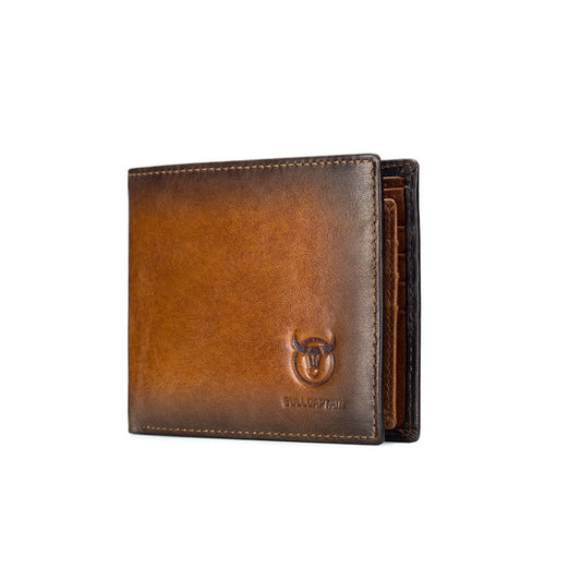 Brown leather bi-fold short wallet with embossed logo and stitched edges