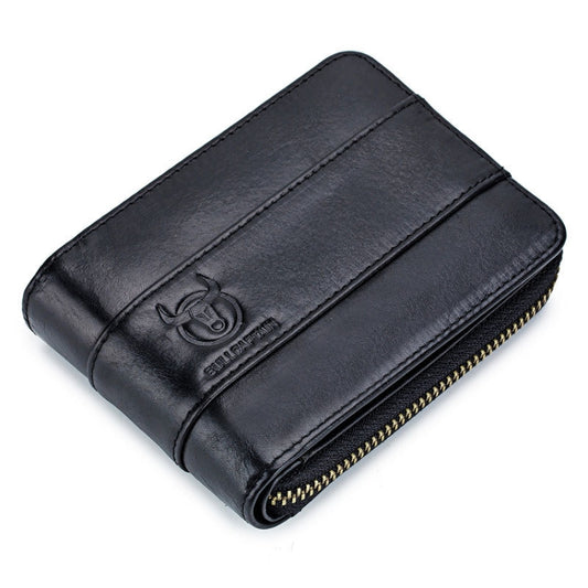 Black leather horizontal card wallet with top zipper and embossed logo.