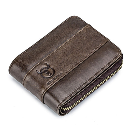 Brown leather horizontal card wallet with embossed logo and gold zipper.