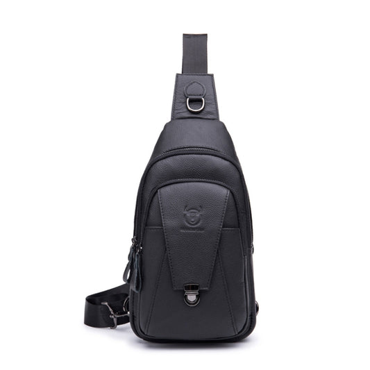 Men's leather chest bag with adjustable strap, front zipper pocket, and top loop handle