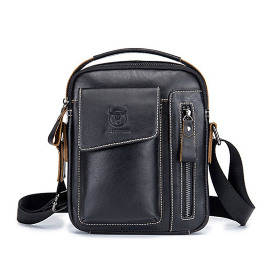 Black leather messenger bag with flap front pocket, front zip, and adjustable shoulder strap