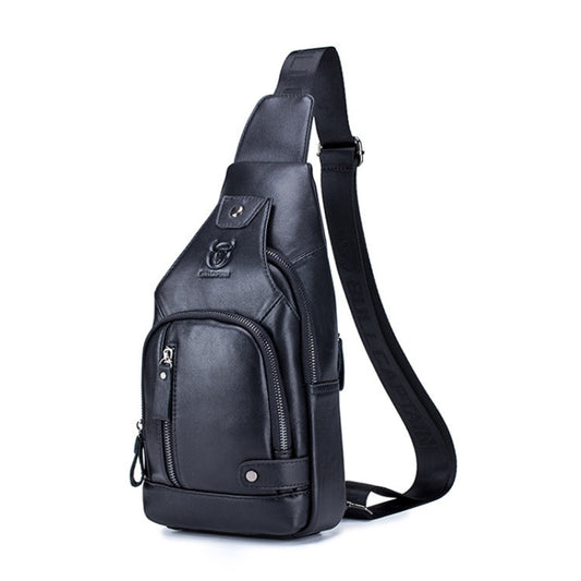 Black leather chest bag with front zip pocket, small panel, and adjustable shoulder strap