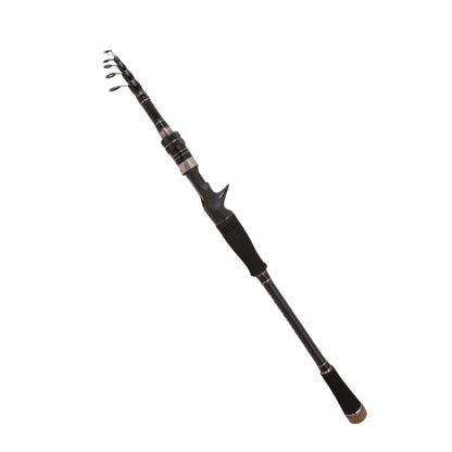 Telescopic casting rod with carbon-look blank, curved black handle, and line guides at tip