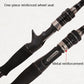 Close-up of black fishing rod handle and wheel seat with metal reinforcement