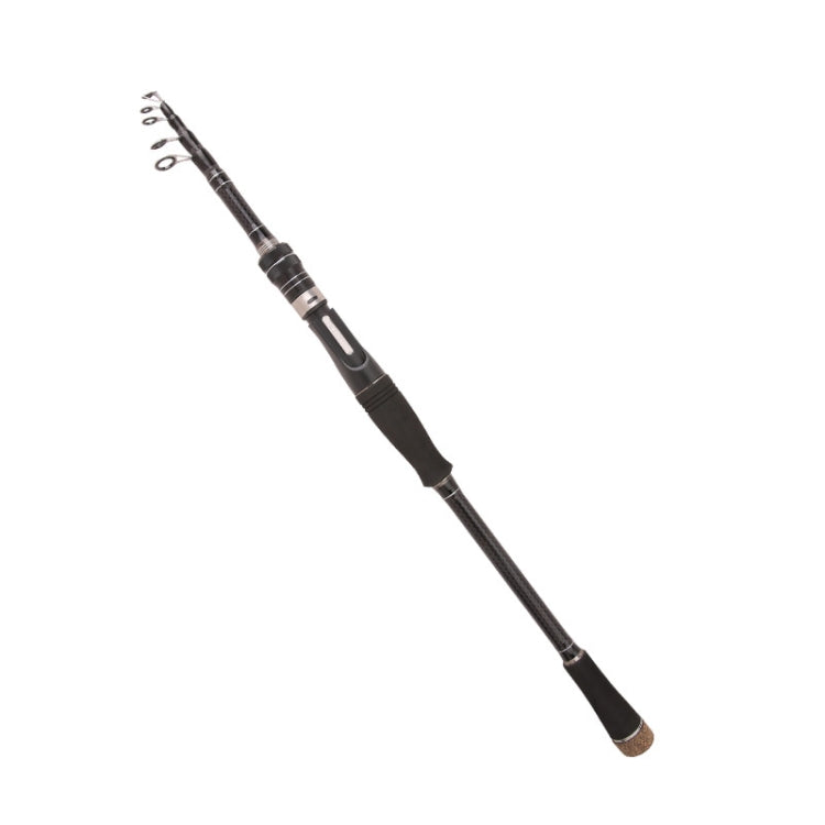 Telescopic casting rod with carbon-look blank, straight black grip, and multiple metal line guides