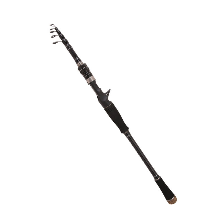 Telescopic casting rod with carbon-look blank, curved black handle grip, and guide rings