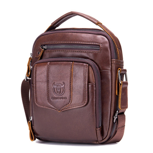 Brown leather small shoulder satchel bag with double zip compartments and front badge