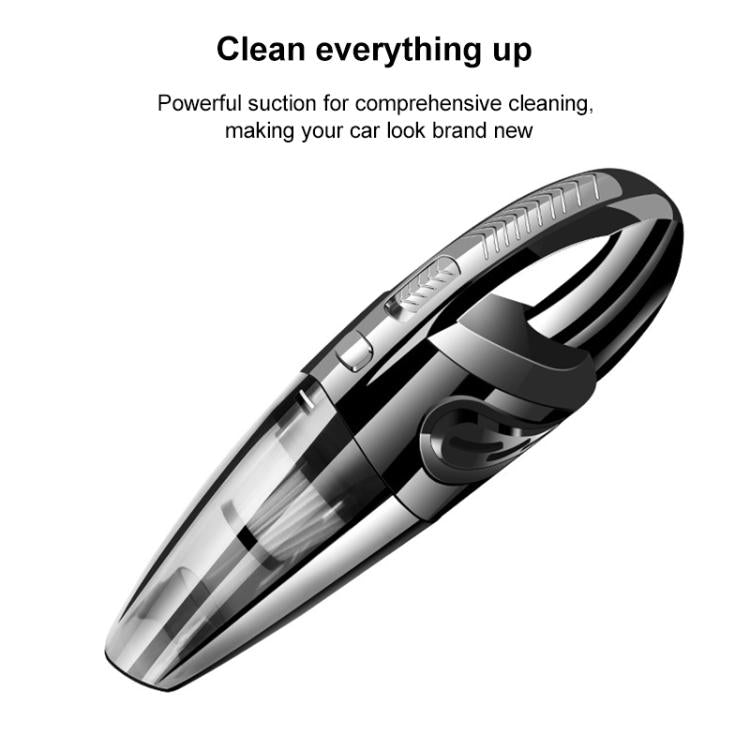 Handheld wet and dry car vacuum cleaner, black and silver body, contoured nozzle