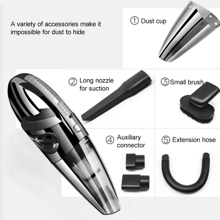 Handheld wet dry vacuum with included tools: long nozzle, small brush, extension hose, dust cup