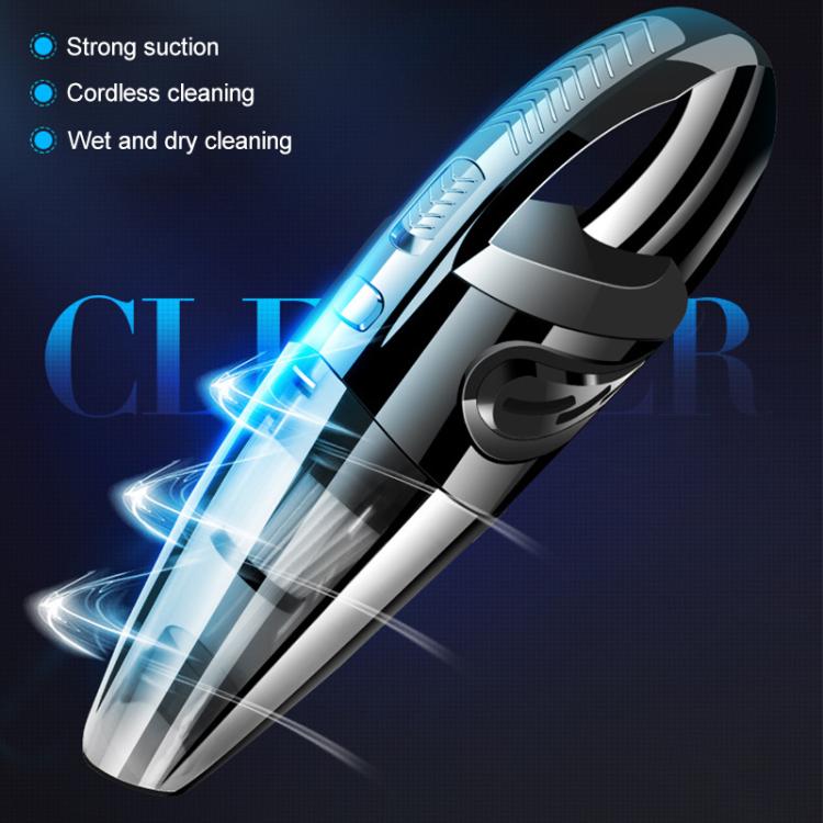 Handheld cordless wet dry vacuum cleaner with bright blue suction airflow on black and silver