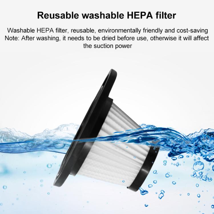 Washable HEPA filter inside wet dry vacuum cleaner with water spray effect