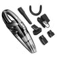 Black handheld car vacuum kit with attachments, hose, and USB power cord
